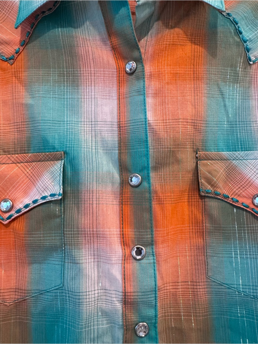 Wrangler Western Plaid Rhinestone Snap Shirt Turquoise Orange Size M - Picture 5 of 10